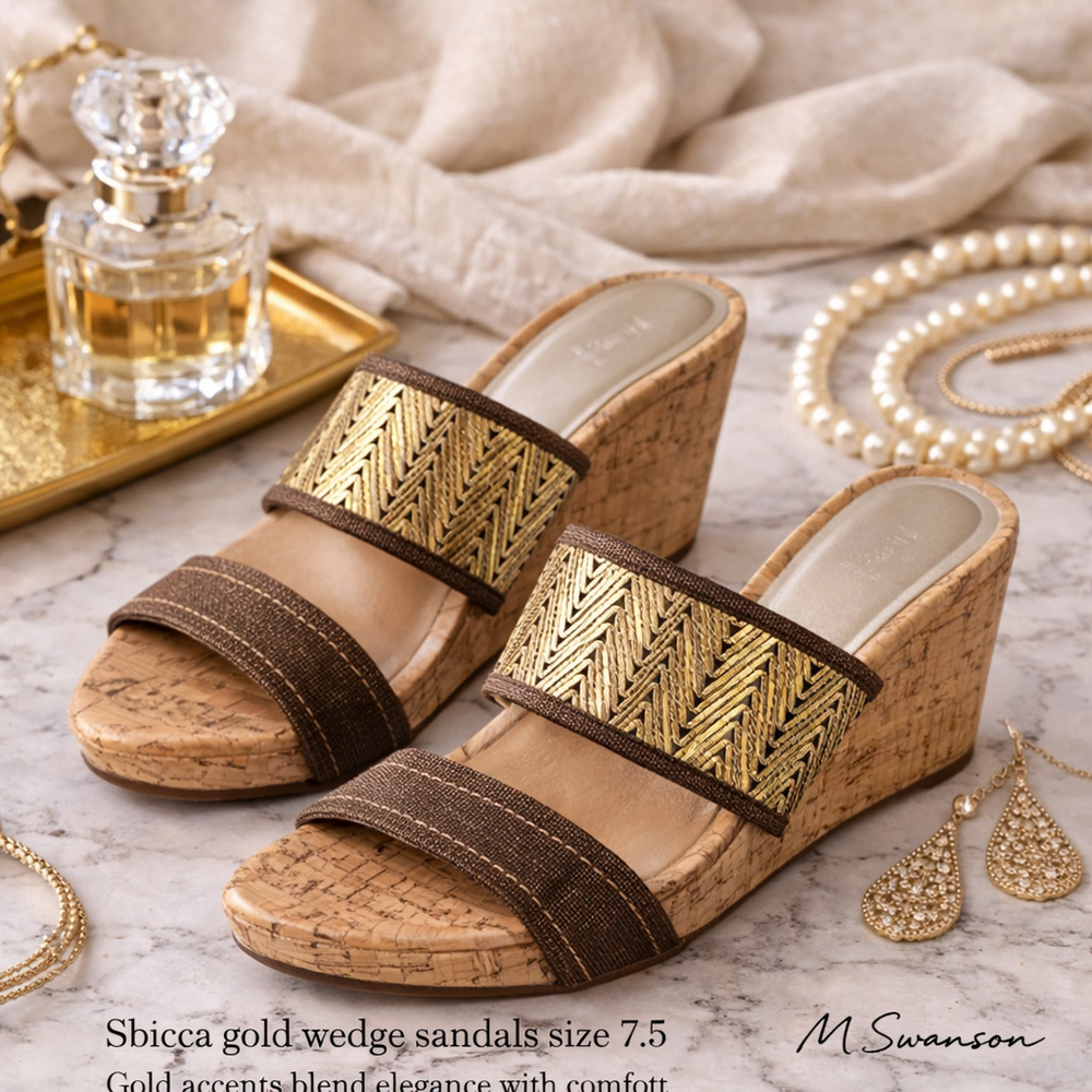 Sbicca Gold Wedge Sandals Size 7.5 Cork Heel Metallic Woven Strap
